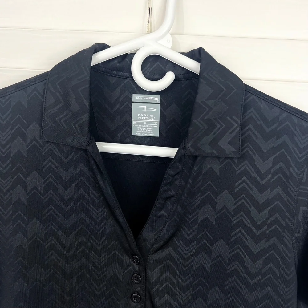 ⏳|•PAGE & TUTTLE•| Black Print Cool Swing Collared Short Sleeve V-Neck Golf Shir - Picture 4 of 13